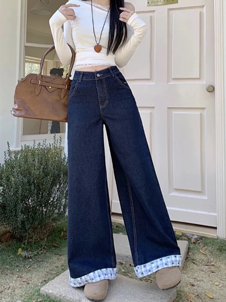 Vintage Casual Plaid Patchwork Denim Street Retro High Waist Sweet Bow Print Pants Mssza