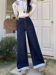 Vintage Casual Plaid Patchwork Denim Street Retro High Waist Sweet Bow Print Pants Mssza