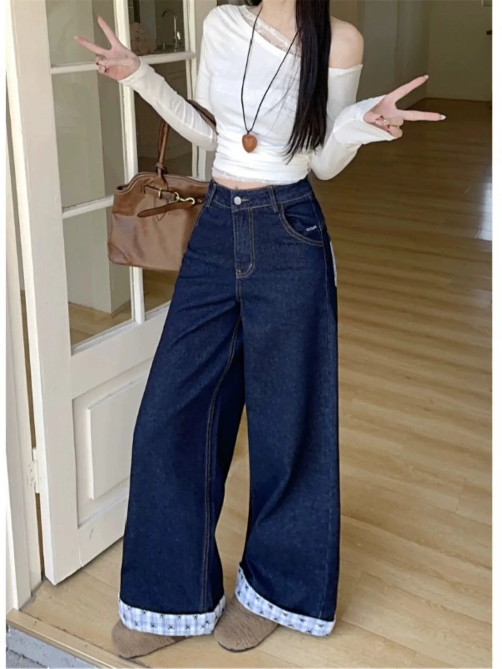 Vintage Casual Plaid Patchwork Denim Street Retro High Waist Sweet Bow Print Pants Mssza
