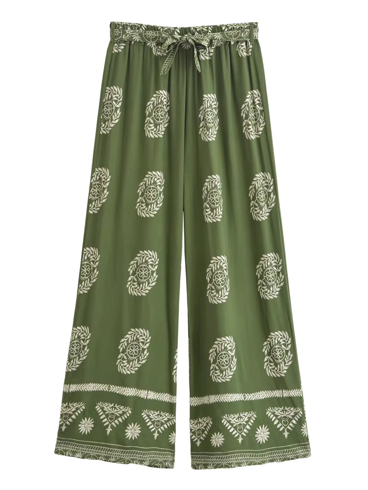 Vintage Chic Floral Bohemian Elastic Waist Loose Wide Leg Pants Mssza