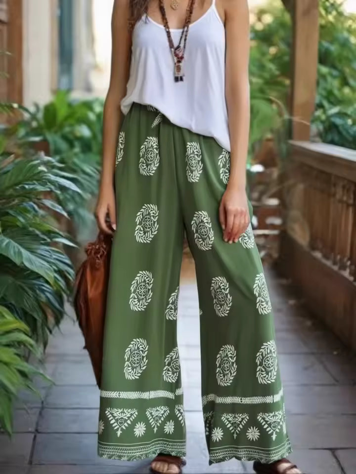 Vintage Chic Floral Bohemian Elastic Waist Loose Wide Leg Pants Mssza