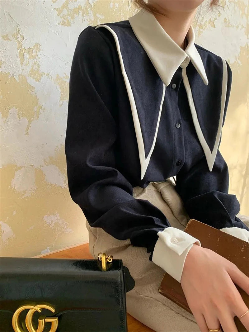 Vintage Chiffon Patchwork Long Sleeve Turn Down Collar Shirts Mssza