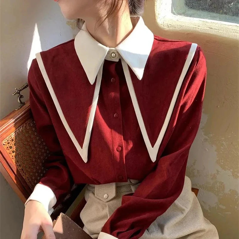 Vintage Chiffon Patchwork Long Sleeve Turn Down Collar Shirts Mssza