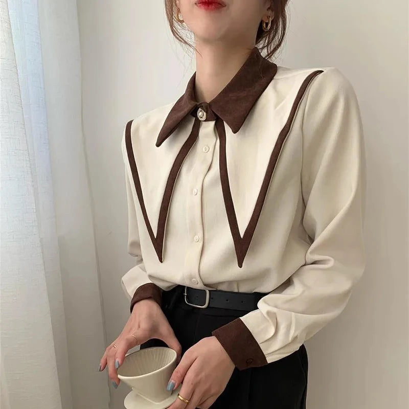 Vintage Chiffon Patchwork Long Sleeve Turn Down Collar Shirts Mssza