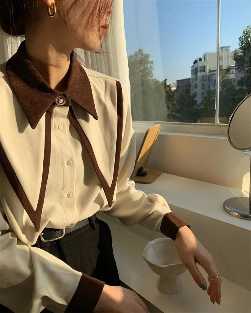 Vintage Chiffon Patchwork Long Sleeve Turn Down Collar Shirts Mssza