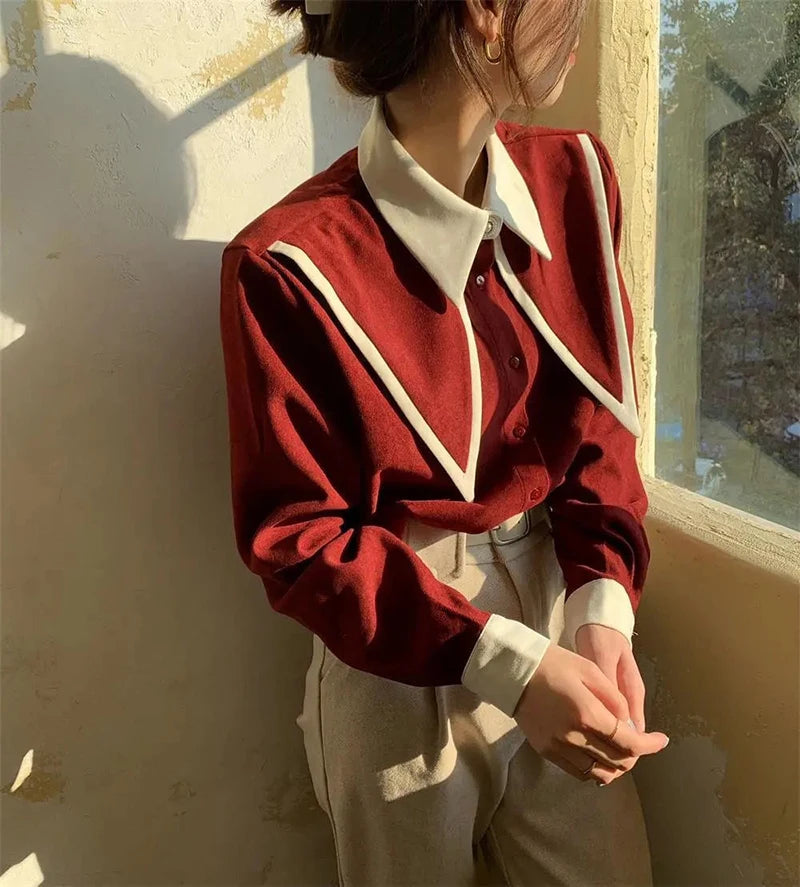 Vintage Chiffon Patchwork Long Sleeve Turn Down Collar Shirts Mssza
