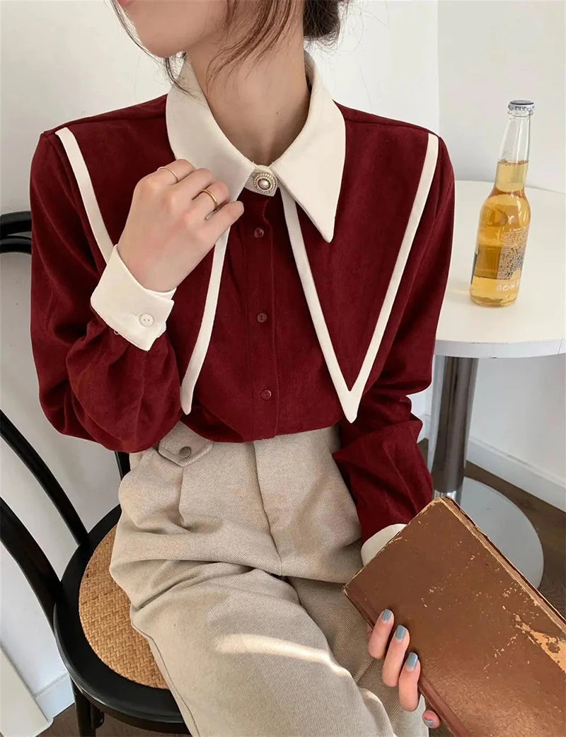 Vintage Chiffon Patchwork Long Sleeve Turn Down Collar Shirts Mssza