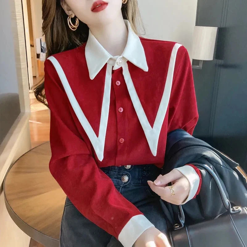 Vintage Chiffon Patchwork Long Sleeve Turn Down Collar Shirts Mssza