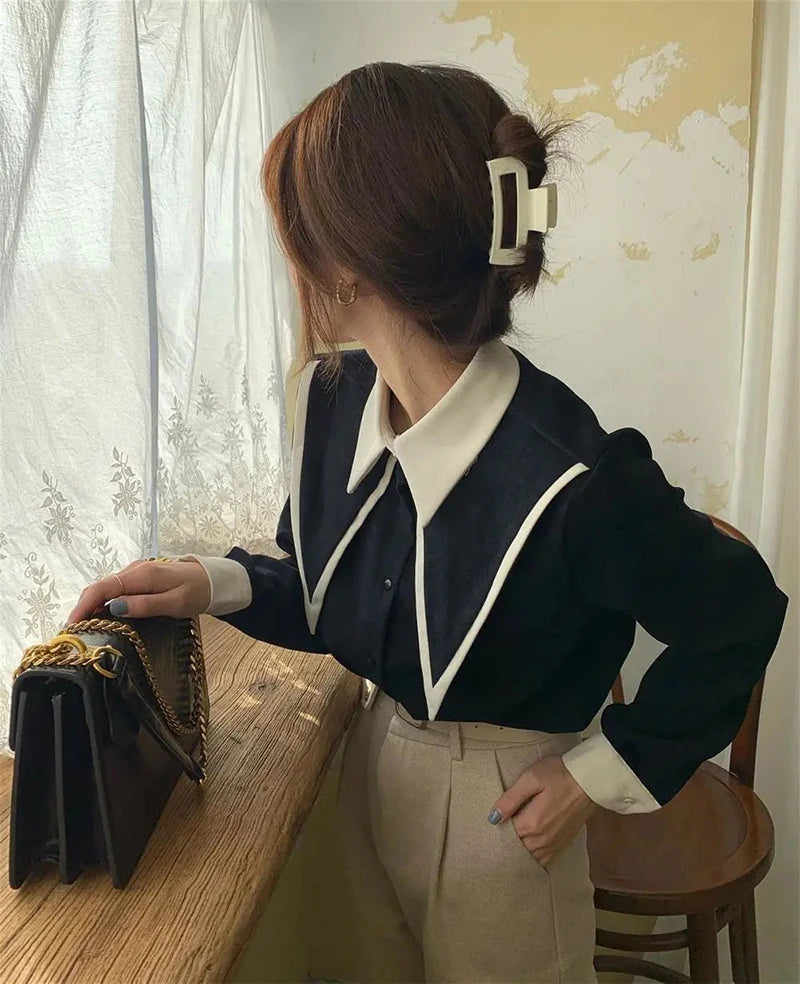 Vintage Chiffon Patchwork Long Sleeve Turn Down Collar Shirts Mssza