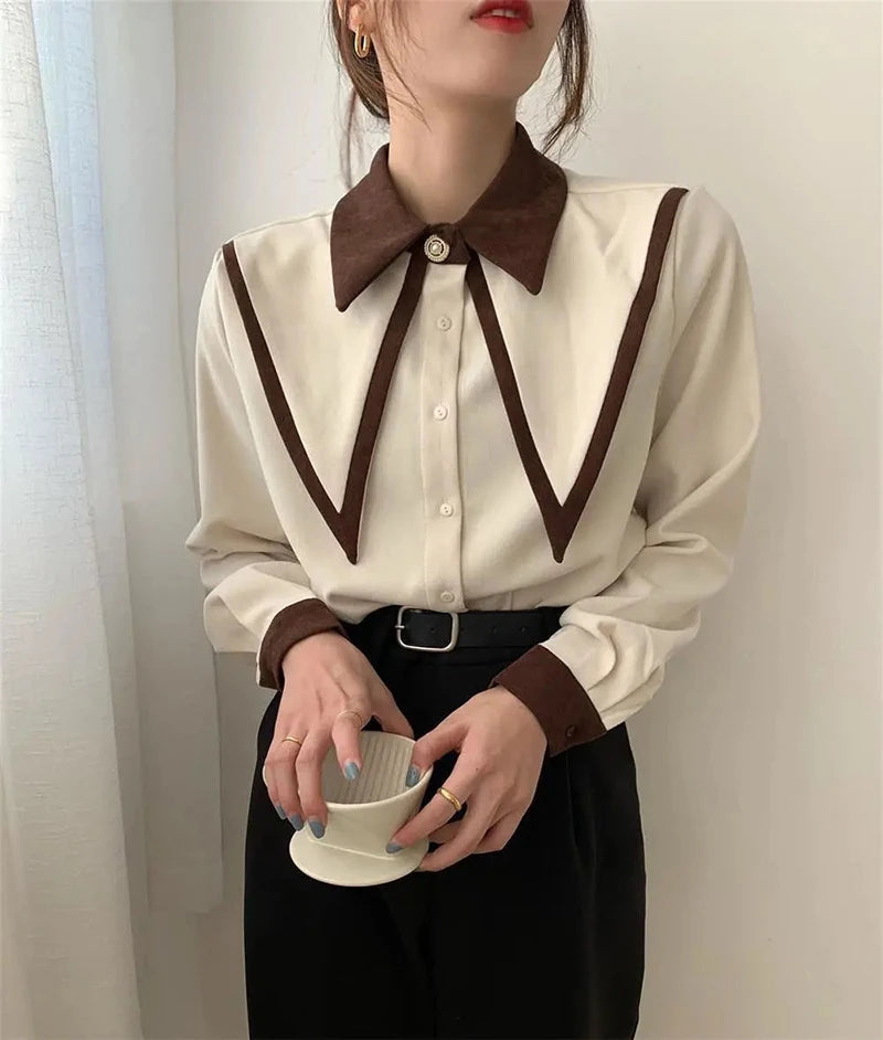 Vintage Chiffon Patchwork Long Sleeve Turn Down Collar Shirts Mssza