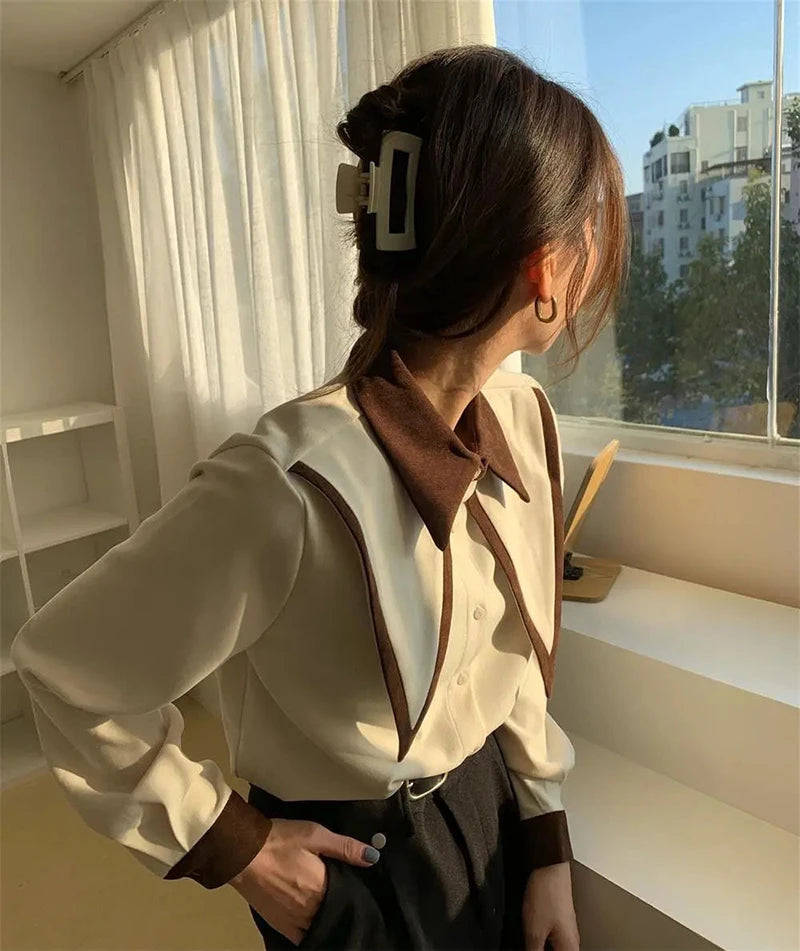 Vintage Chiffon Patchwork Long Sleeve Turn Down Collar Shirts Mssza