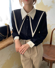 Vintage Chiffon Patchwork Long Sleeve Turn Down Collar Shirts Mssza