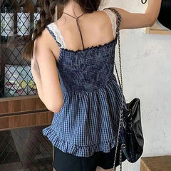 Vintage Coquette Plaid Print Lace Patchwork Fake Two-Piece Strap Crop Top Mssza