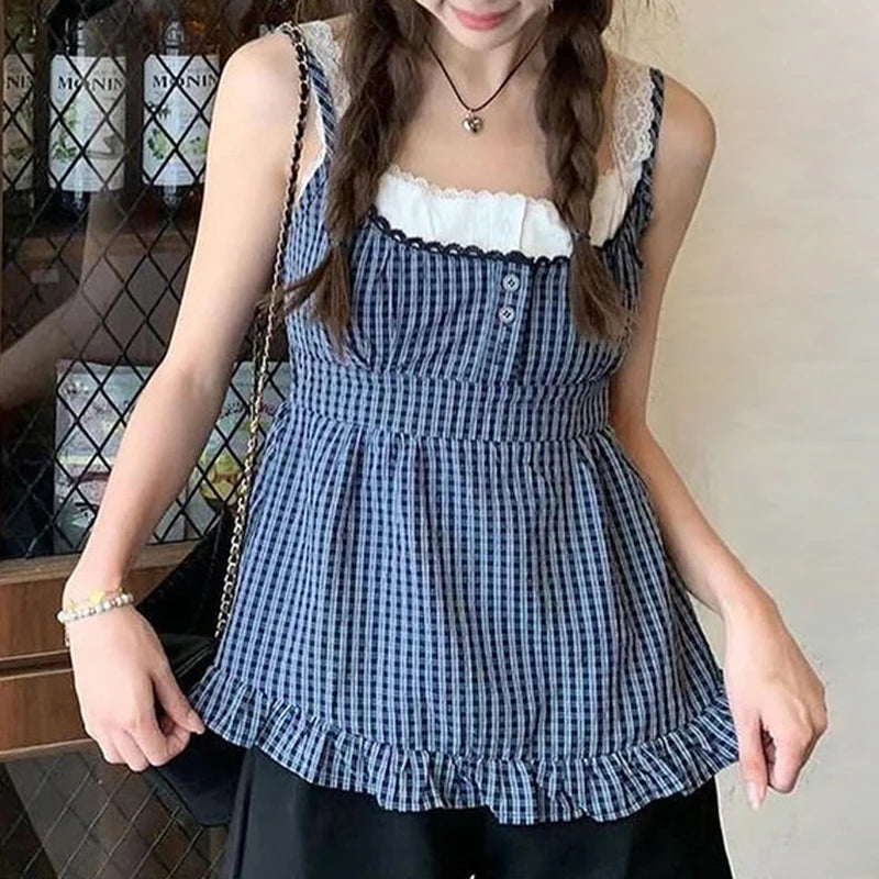Vintage Coquette Plaid Print Lace Patchwork Fake Two-Piece Strap Crop Top Mssza