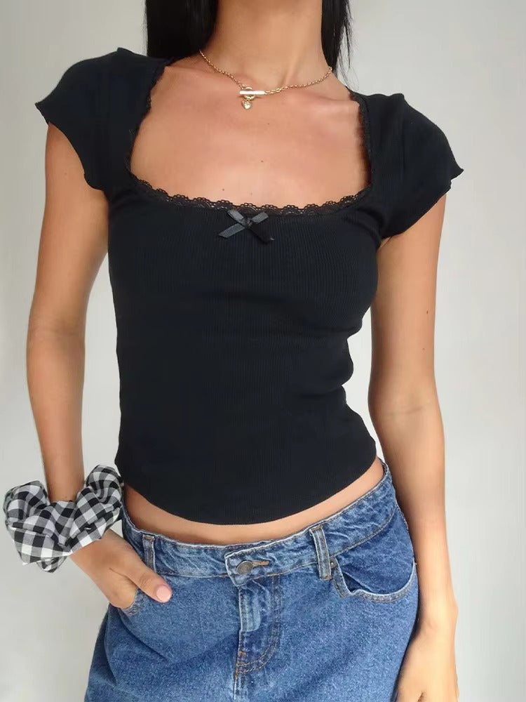 Vintage Cottage Lace Trim Knitted Square Neck Crop Top Mssza