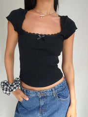 Vintage Cottage Lace Trim Knitted Square Neck Crop Top Mssza