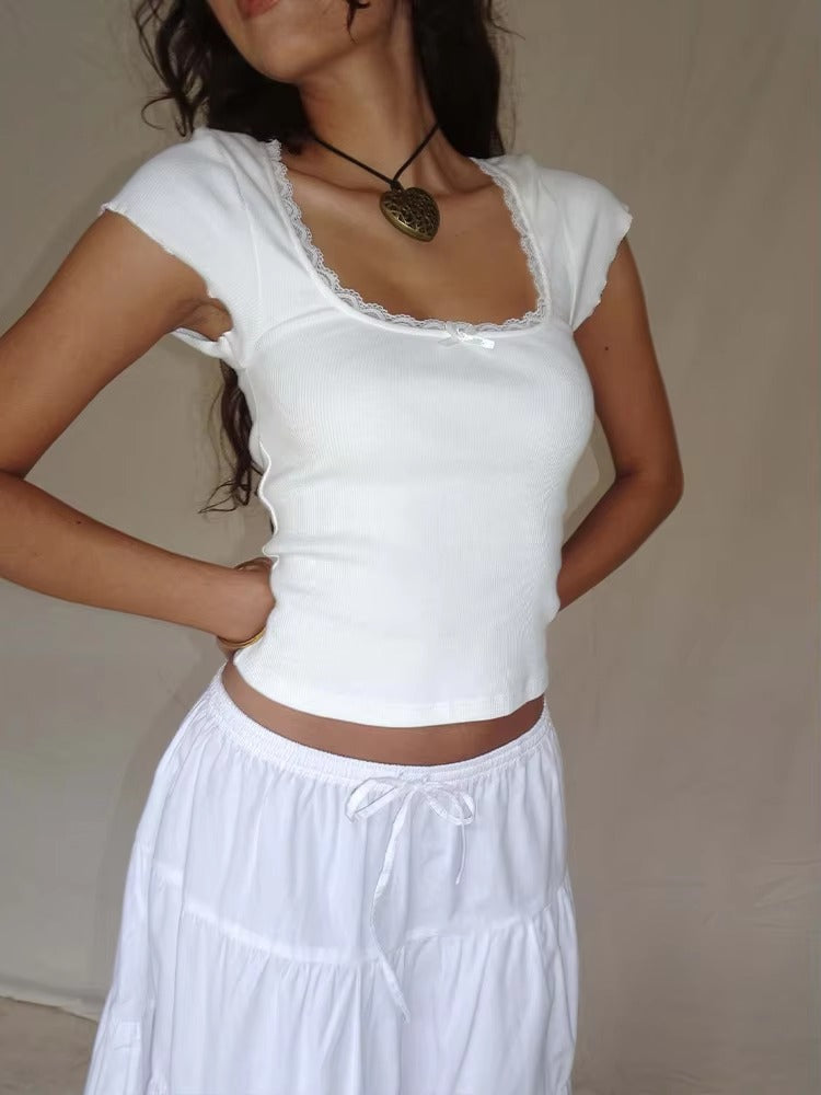 Vintage Cottage Lace Trim Knitted Square Neck Crop Top Mssza