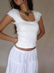 Vintage Cottage Lace Trim Knitted Square Neck Crop Top Mssza