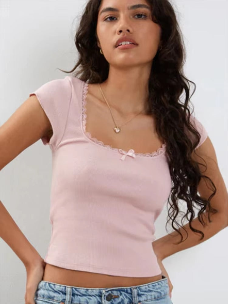 Vintage Cottage Lace Trim Knitted Square Neck Crop Top Mssza