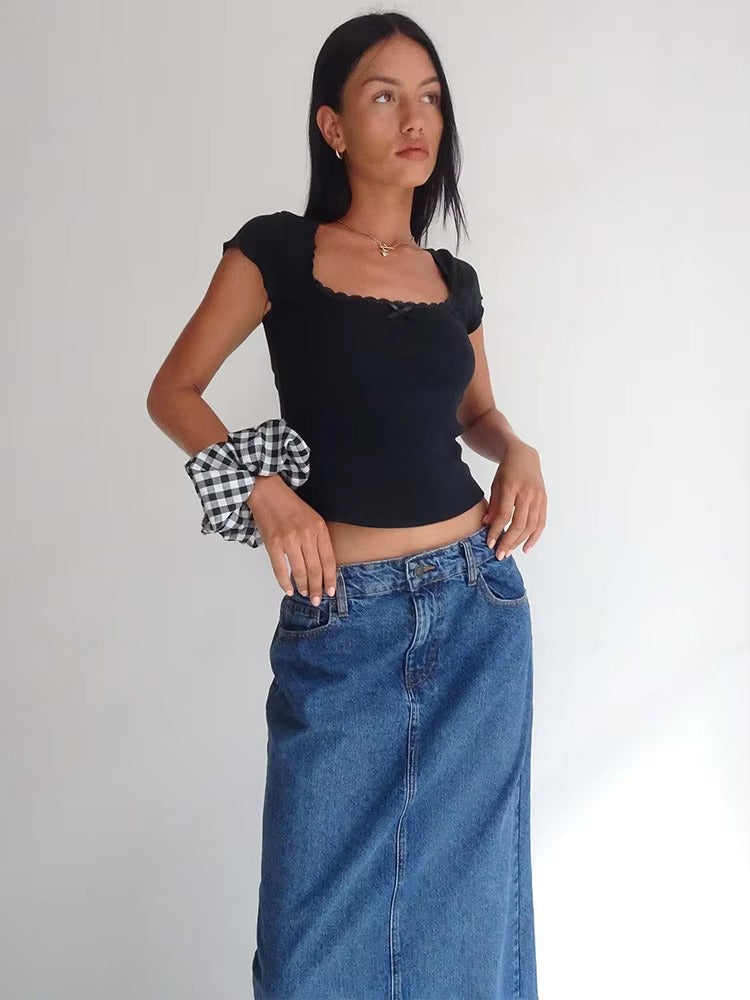 Vintage Cottage Lace Trim Knitted Square Neck Crop Top Mssza