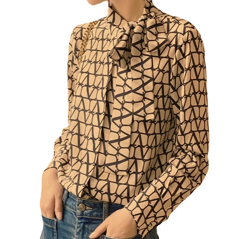 Vintage Covered Button Office Lady Slight Stretch Printed Shirts Mssza