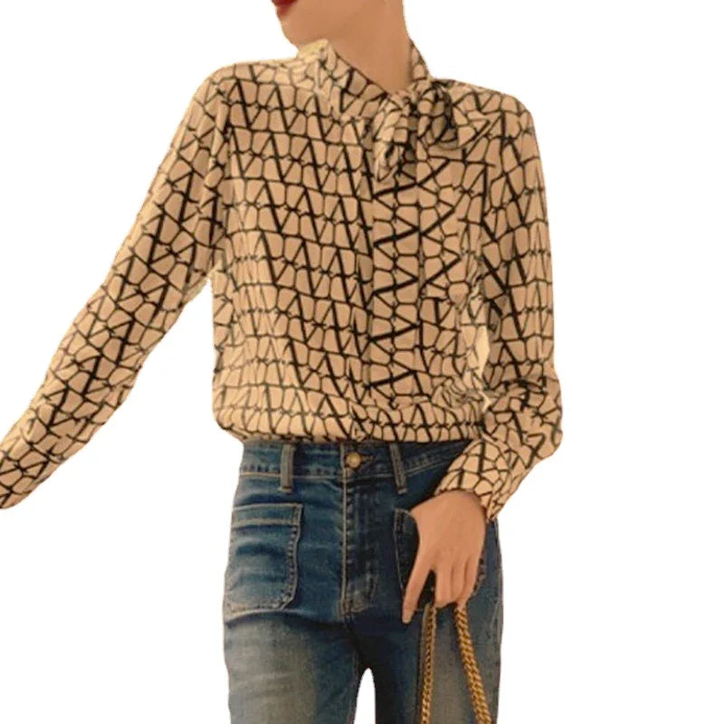 Vintage Covered Button Office Lady Slight Stretch Printed Shirts Mssza