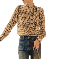 Vintage Covered Button Office Lady Slight Stretch Printed Shirts Mssza