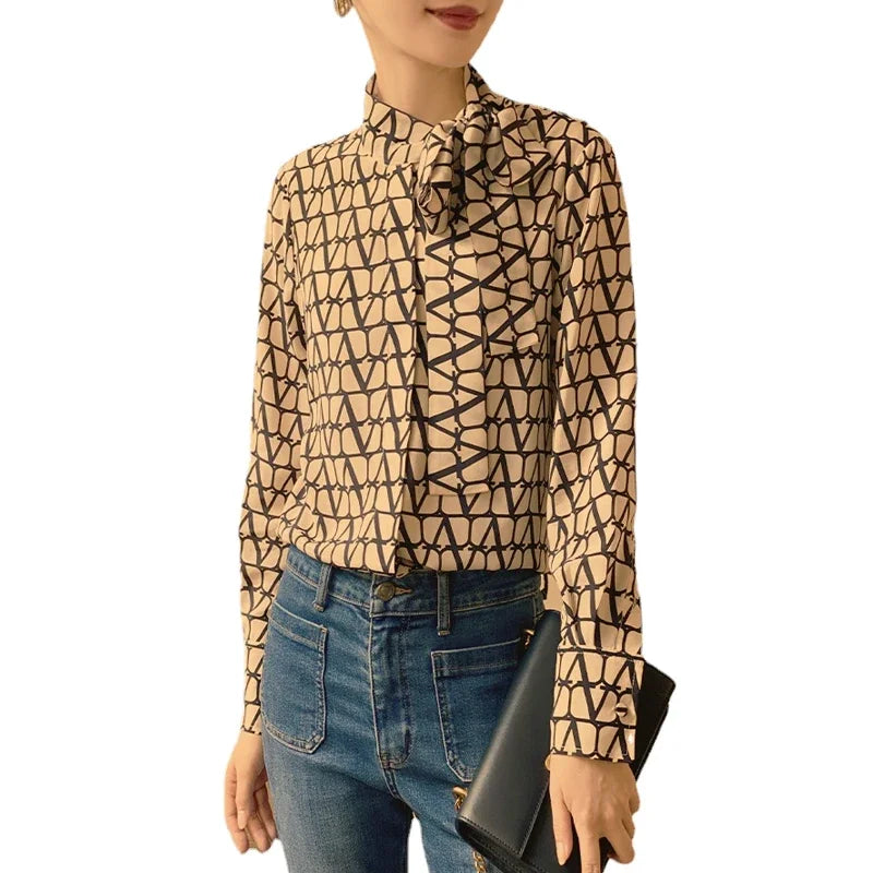 Vintage Covered Button Office Lady Slight Stretch Printed Shirts Mssza