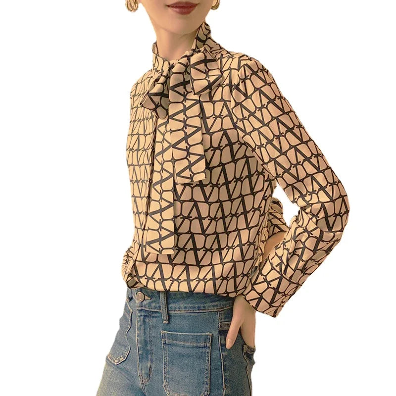 Vintage Covered Button Office Lady Slight Stretch Printed Shirts Mssza
