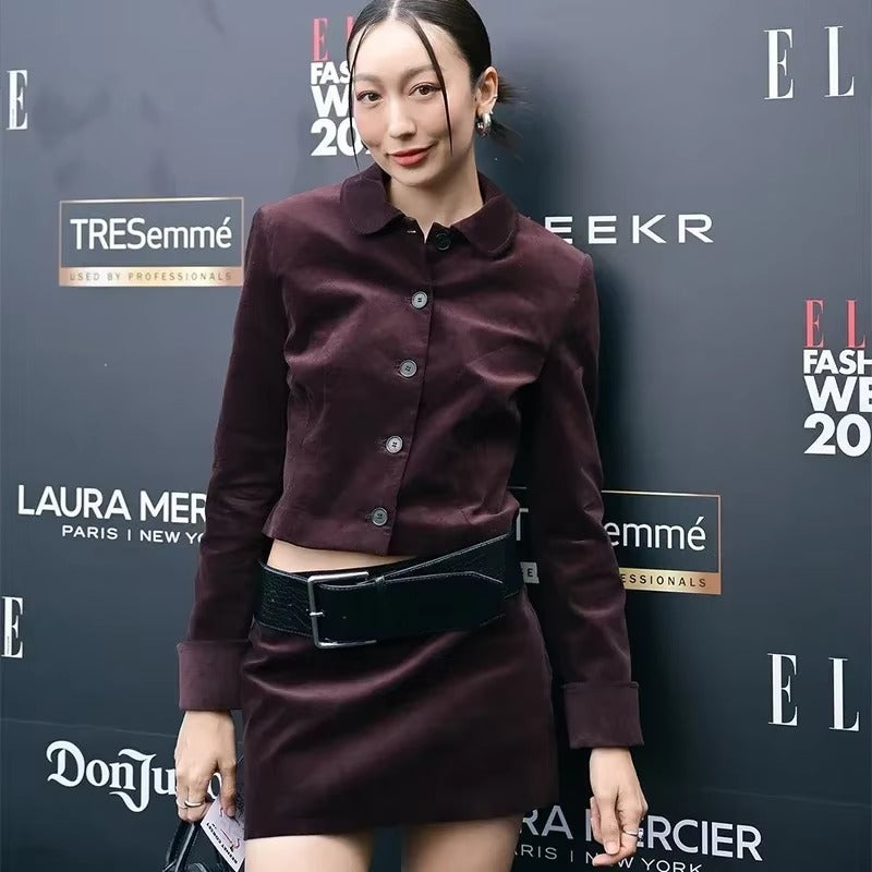 Vintage Solid Lapel Single Breasted Jacket Short zipper fly Skirt With Belt Mssza