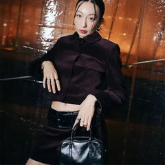 Vintage Solid Lapel Single Breasted Jacket Short zipper fly Skirt With Belt Mssza