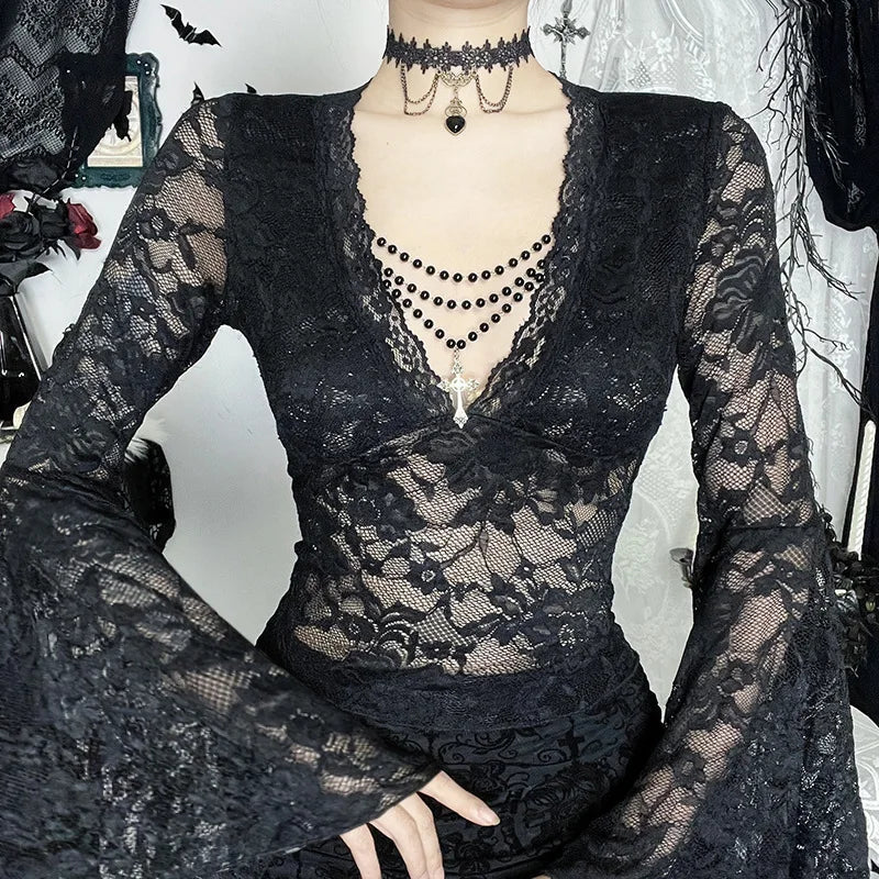 Vintage Dark Goth Lace Coquette See Through Beaded V-neck Flare Sleeve Crop Top Mssza