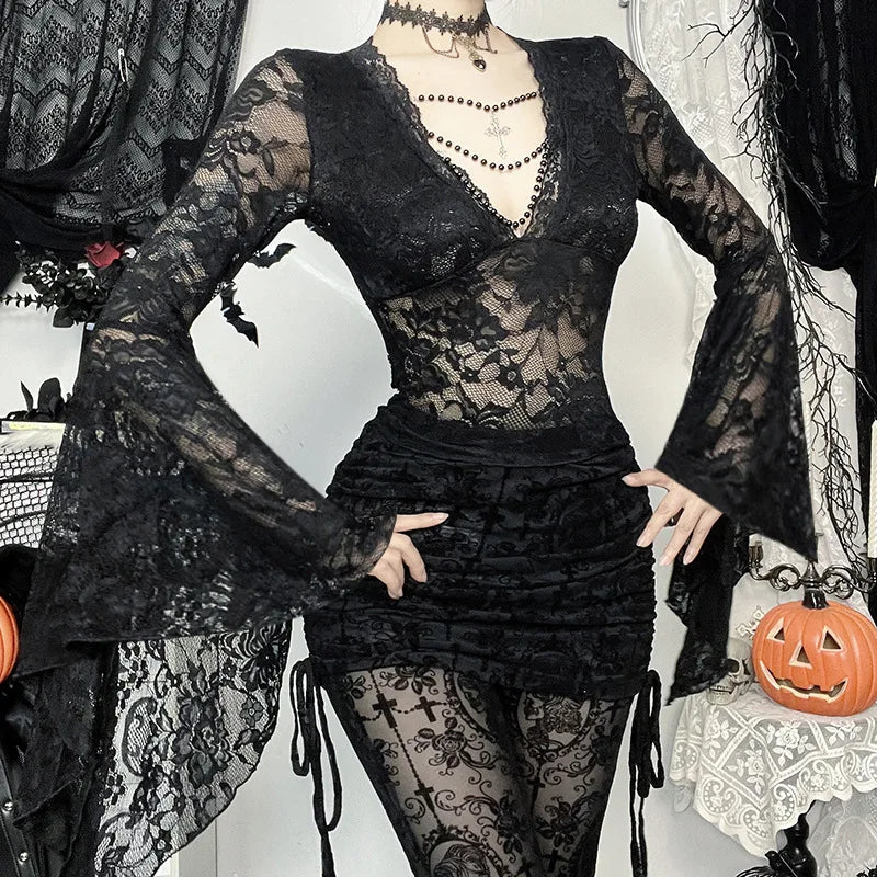 Vintage Dark Goth Lace Coquette See Through Beaded V-neck Flare Sleeve Crop Top Mssza