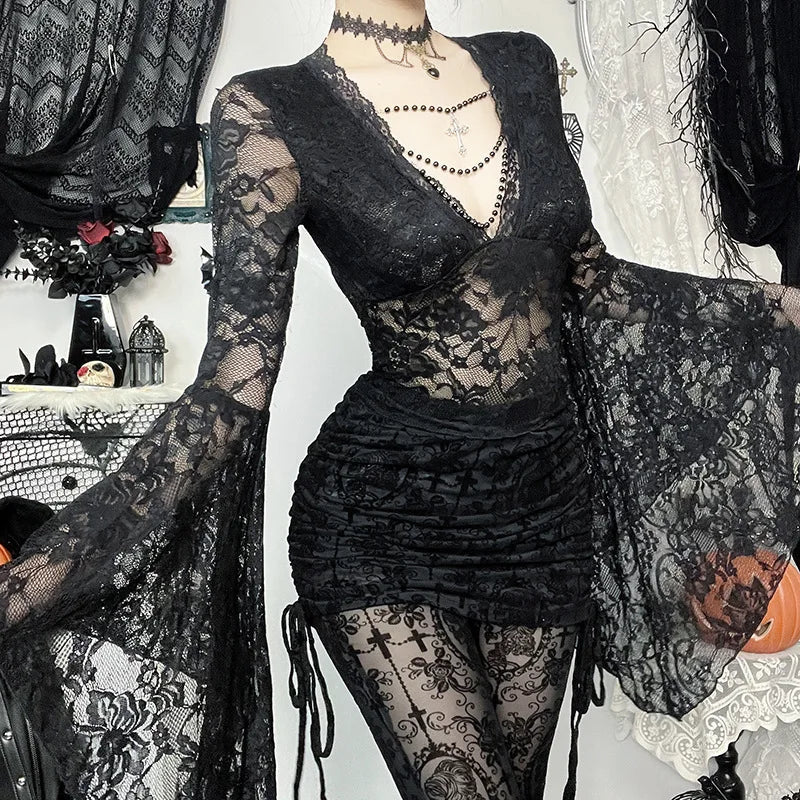 Vintage Dark Goth Lace Coquette See Through Beaded V-neck Flare Sleeve Crop Top Mssza