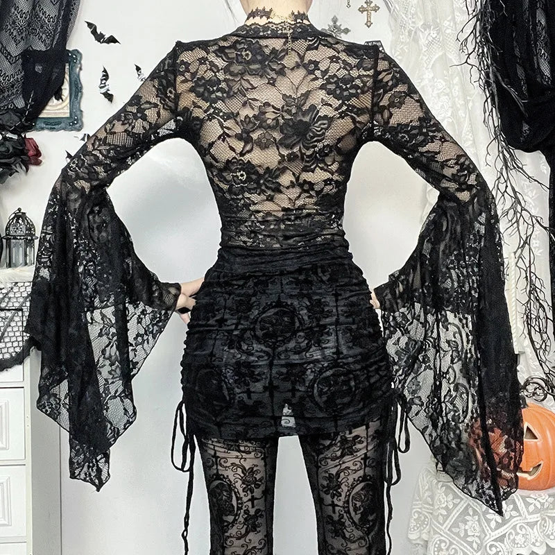 Vintage Dark Goth Lace Coquette See Through Beaded V-neck Flare Sleeve Crop Top Mssza