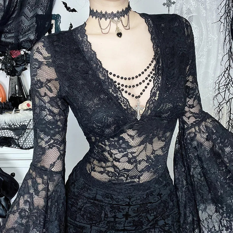Vintage Dark Goth Lace Coquette See Through Beaded V-neck Flare Sleeve Crop Top Mssza