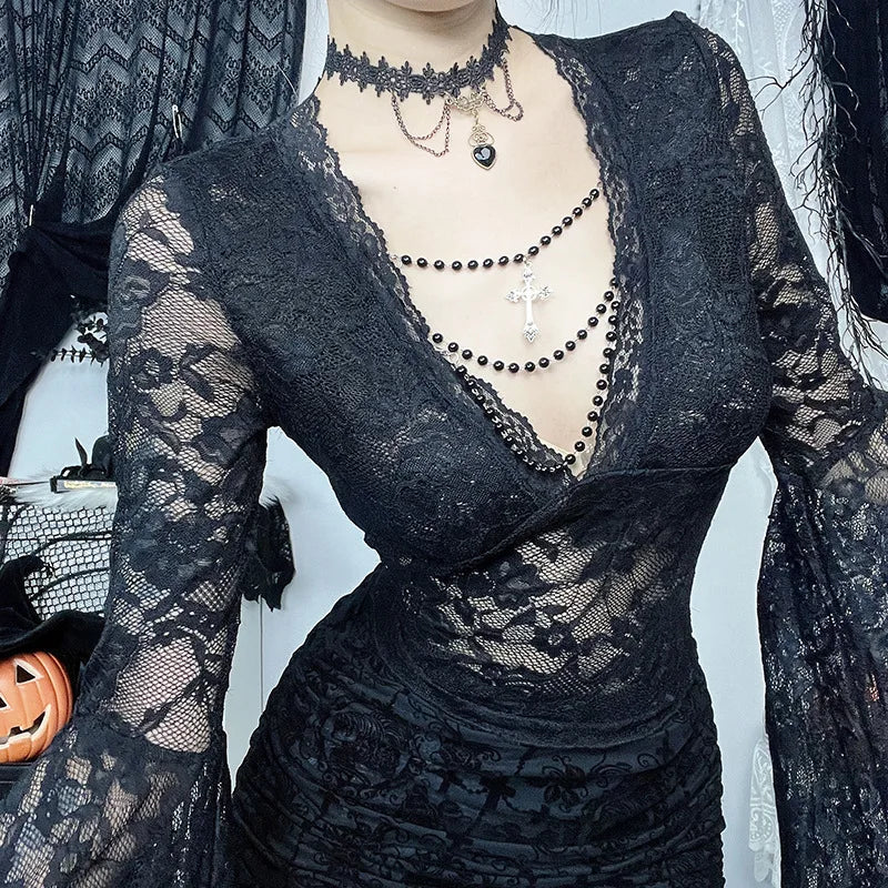 Vintage Dark Goth Lace Coquette See Through Beaded V-neck Flare Sleeve Crop Top Mssza