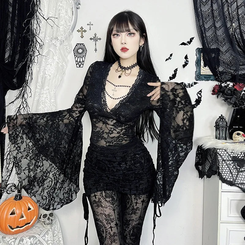 Vintage Dark Goth Lace Coquette See Through Beaded V-neck Flare Sleeve Crop Top Mssza