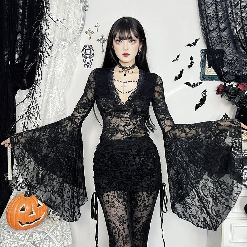 Vintage Dark Goth Lace Coquette See Through Beaded V-neck Flare Sleeve Crop Top Mssza
