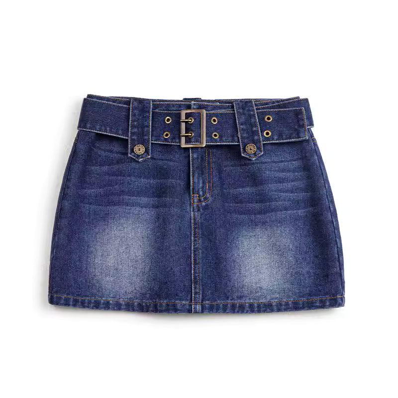Vintage Denim Bottom For Street Style Belted Pocket Short Skirt Mssza
