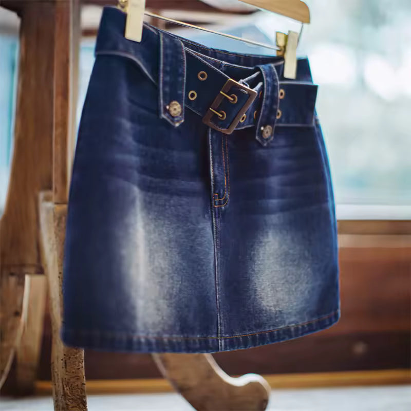 Vintage Denim Bottom For Street Style Belted Pocket Short Skirt Mssza