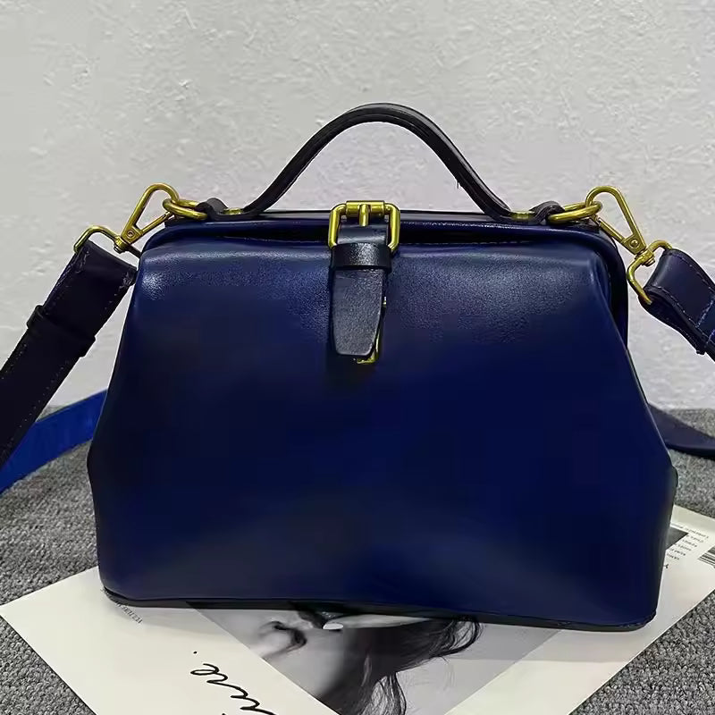 Vintage Doctor Bag Buckle Office Cowhide Genuine Leather Single Shoulder Crossbody Bag Mssza