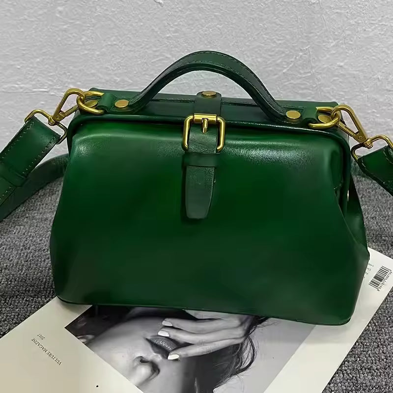 Vintage Doctor Bag Buckle Office Cowhide Genuine Leather Single Shoulder Crossbody Bag Mssza
