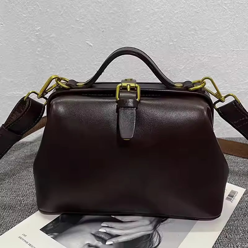 Vintage Doctor Bag Buckle Office Cowhide Genuine Leather Single Shoulder Crossbody Bag Mssza