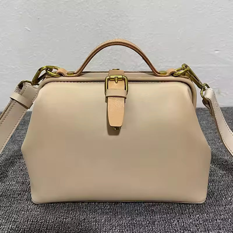 Vintage Doctor Bag Buckle Office Cowhide Genuine Leather Single Shoulder Crossbody Bag Mssza