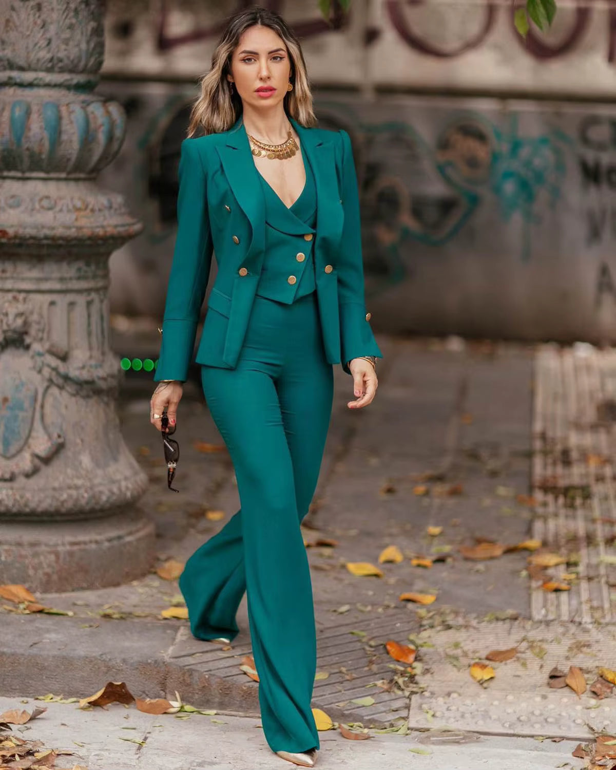 Vintage Double Breasted Peaked Lapel Slim Fit Office Jacket Pants 3 Pieces Set Mssza