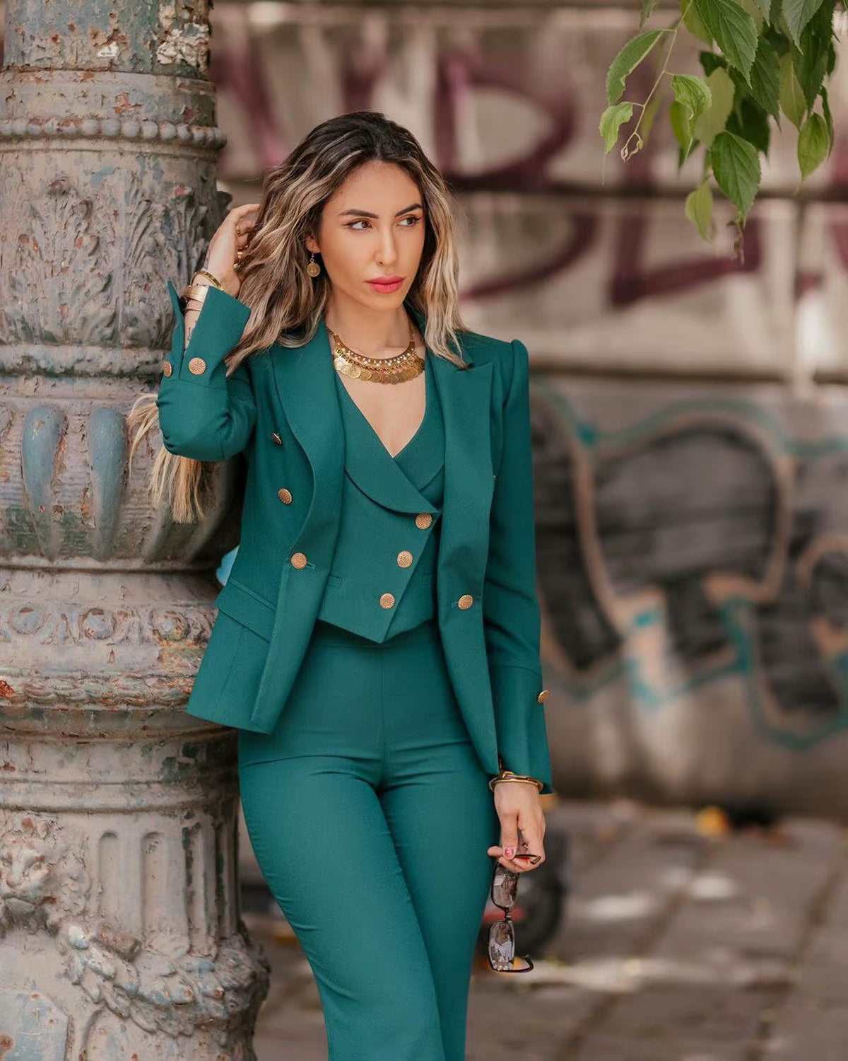 Vintage Double Breasted Peaked Lapel Slim Fit Office Jacket Pants 3 Pieces Set Mssza