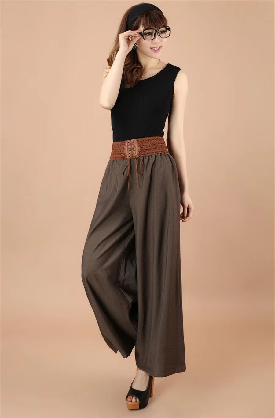 Vintage Drawstring High Waist Wide leg Large Hemlines Cotton Pants Mssza