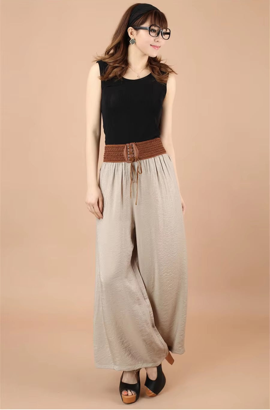 Vintage Drawstring High Waist Wide leg Large Hemlines Cotton Pants Mssza