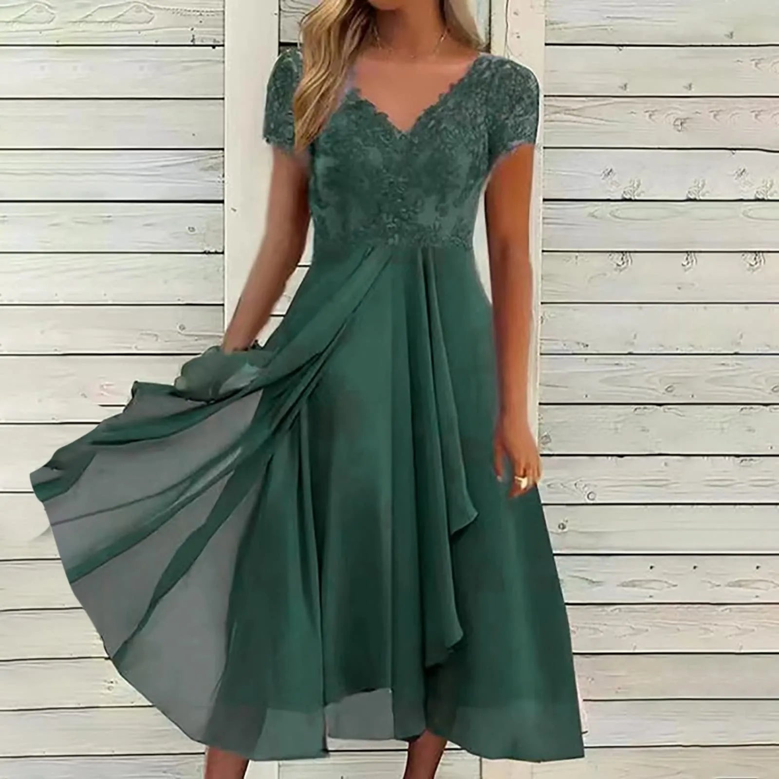 Vintage Chiffon V Neck Splicing Lace Hollow Pleated Large Swing  Dress Mssaz Desses